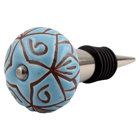 Turquoise Etched Ceramic Floral Wine Stopper (Pack Of One Piece)